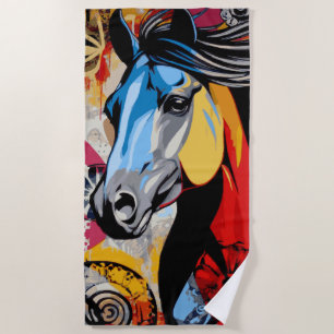 Toalha De Praia Ilustração Colorida de Cavalo em Arte Pop