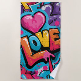 Toalha De Praia Ilustração de Arte Pop Coração com Grafite de Amor