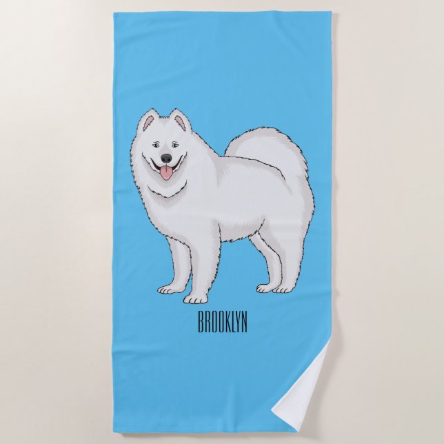 Toalha De Praia Ilustração de desenho animado com cão Samoyed (Frente)