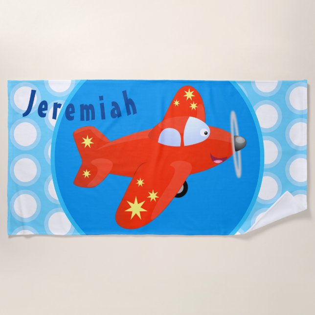 Toalha De Praia Ilustração de desenho animado de avião vermelho-cl (Frente)