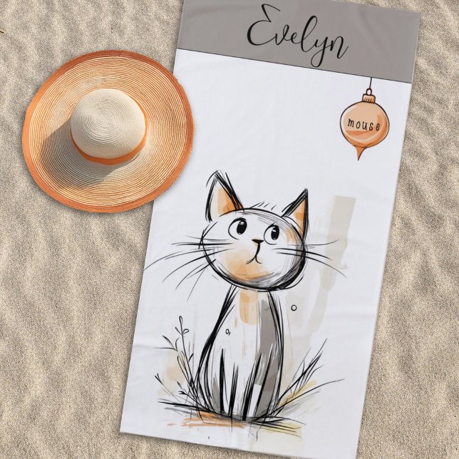 Toalha De Praia Ilustração de Gato Doce Personalizada (Cute cat and mouse illustration)