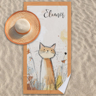 Toalha De Praia Ilustração de Gato Laranja Adorável Personalizada