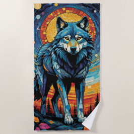 Toalha De Praia Ilustração Mosaica Colorida do Lobo Majestoso