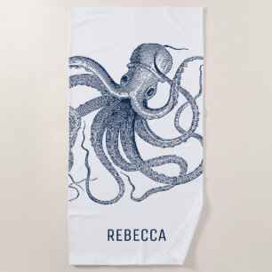Toalha De Praia Ilustração Real de Octopus Azul