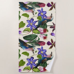 Toalha De Praia Ilustrações de flor violeta, aves tropicais.