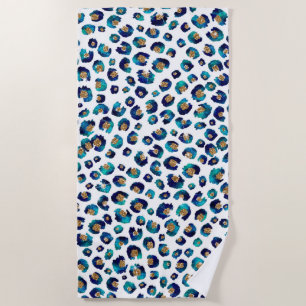 Toalha De Praia Impressão Animal Leopardo Azul-Dourado Elegante