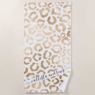 Toalha De Praia Impressão Animal Leopardo Branco Dourado Elegante