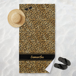 Toalha De Praia Impressão Leopardo Dourada Chic Preta Personalizad