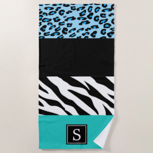Toalha De Praia Impressão Leopardo, Impressão Zebra, Azul, Monogra