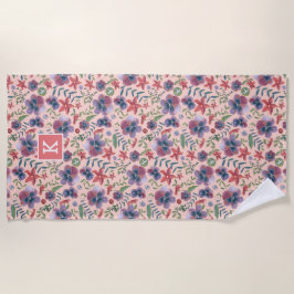 Toalha De Praia Impressão total floral rosa boho monograma