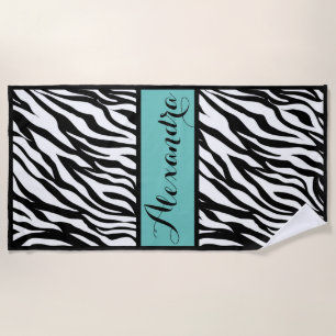 Toalha De Praia Impressão Zebra com Monograma Teal