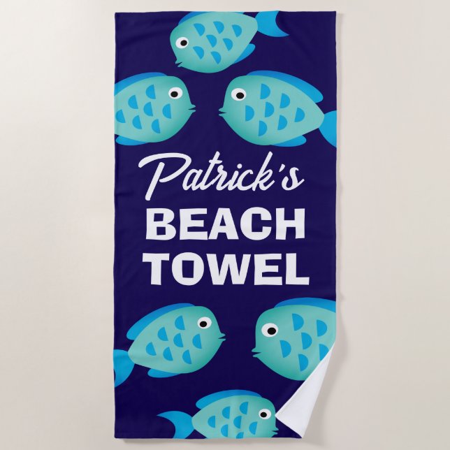 Toalha de praia infantil peixe azul com nome perso (Frente)