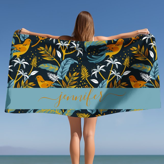 Toalha De Praia Informações gerais sobre padrões tropicais de nome (Personalized Name Tropical Pattern Background Beach Towel)