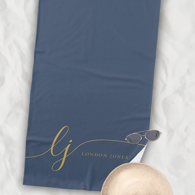 Toalha De Praia Iniciais de Script Dourado de Marinho Elegante Mod (Criador carregado)