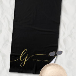 Toalha De Praia Iniciais de Script Dourado Preto Elegante Moderno 