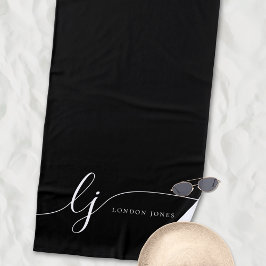 Toalha De Praia Iniciais de Script Preto Elegante Moderno do Monog