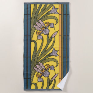 Toalha De Praia Iris Flor Art Nouveau Vitral Azul Dourado