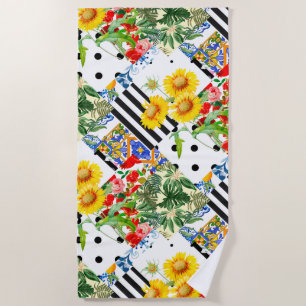 Toalha De Praia Italiano,Arte Siciliana,retalhos,Flores de Verão 
