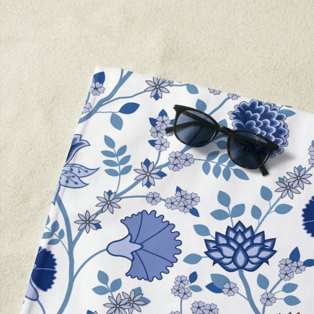 Toalha De Praia Jacobean Floral Pattern Blue em Branco (In Situ)