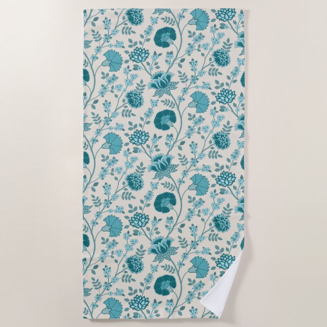 Toalha De Praia Jacobean Floral Pattern Teals on Cream (Frente)