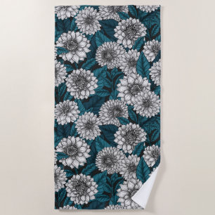 Toalha De Praia Jardim branco Dahlia/ folhas azuis 2