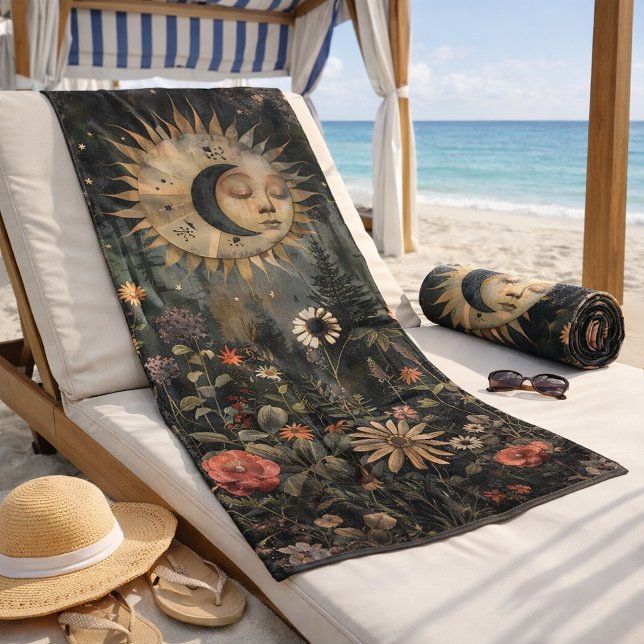 Toalha De Praia Jardim de Flores Silvestres Boho Celestial Sol Lua (Criador carregado)