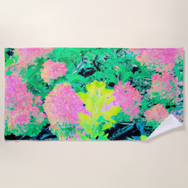 Toalha De Praia Jardim de Hydrangea rosa com folhagem amarela (Frente)