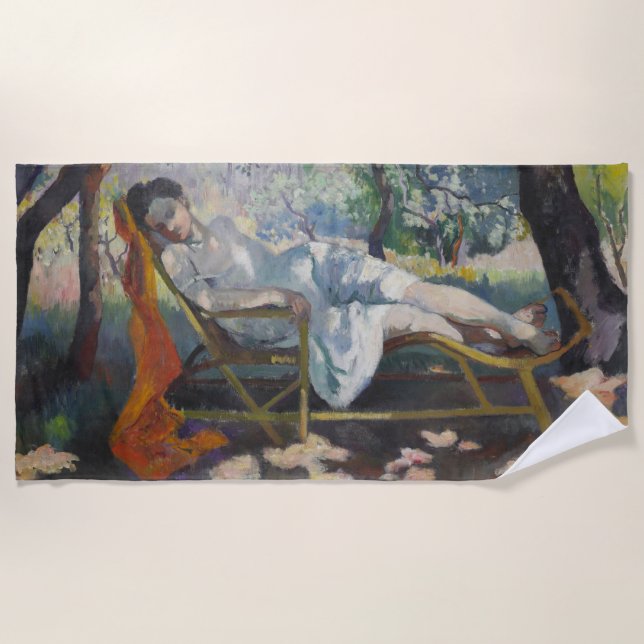 Toalha De Praia Jeanne Descansa em um Belo Jardim Mediterrâneo (Frente)