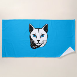 Toalha De Praia Katzen Kopf in Schwarz-Weiß Blaue Augen + Text