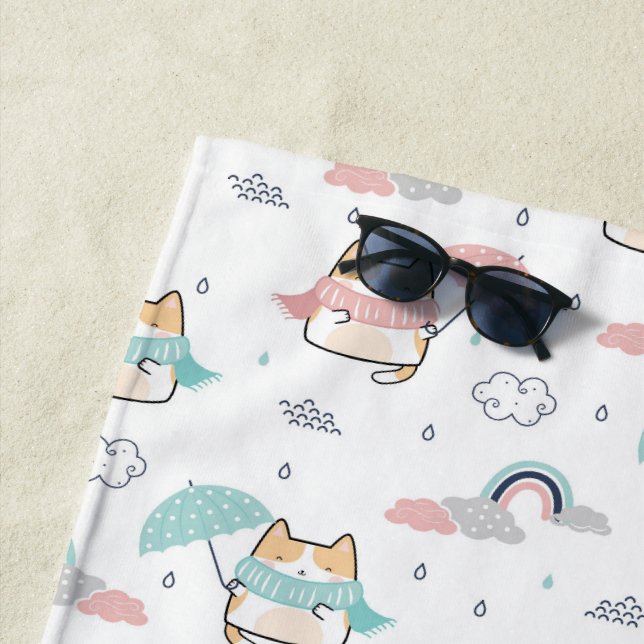 Toalha De Praia Kawaii Gata Rainy Day Pattern Beach Towel (In Situ)