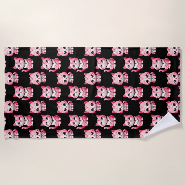 Toalha De Praia Kawaii - Gatinhos Rosa Design (Frente)