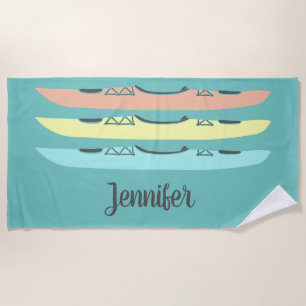 Toalha De Praia Kayaks Colorido Pastel Azul-Teal Personalizado
