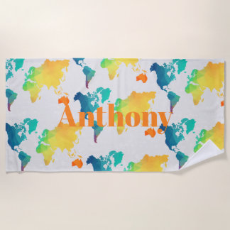 Toalha De Praia Kids Colorful World Map Custom Name Monogram