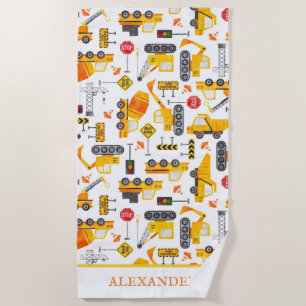 Toalha De Praia Kids Watercolor Construction Vehicle Personalizado