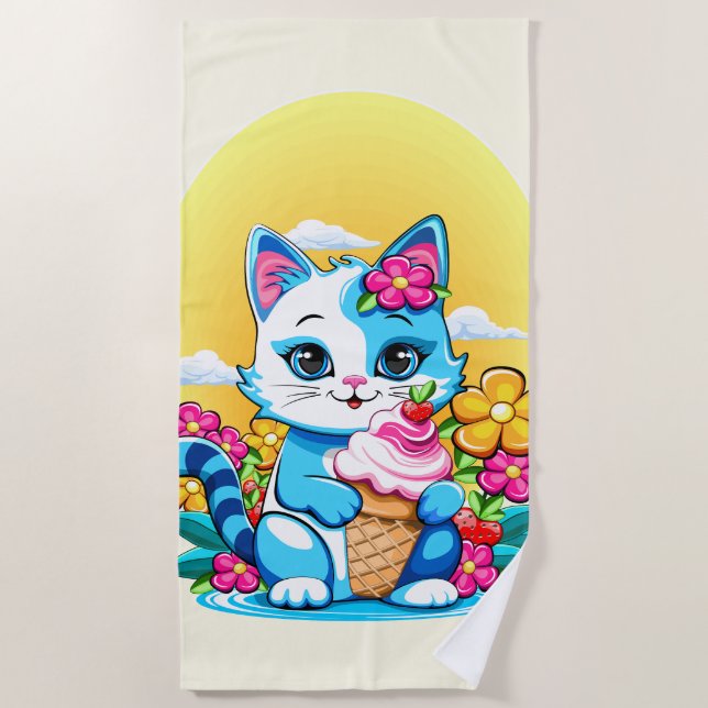 Toalha De Praia Kitty Cat com sorvete Summer Kawaii (Frente)