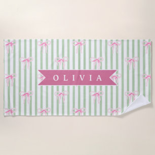 Toalha De Praia Laço Rosa Personalizado com Listra Verde Coquette