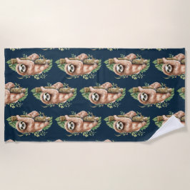 Toalha De Praia Lama-marrom-branca e Folhas Tropicais Aquarela