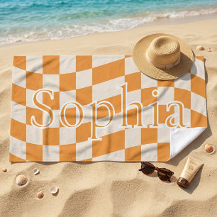 Toalha De Praia Laranja Xadrez Retro Moderno com Nome Personalizad