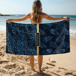 Toalha De Praia Leopardo Azul Floral Tropical Nome Personalizado
