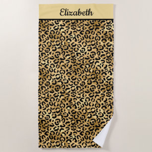 Toalha De Praia Leopardo Preto e Dourado com Monograma Impressão C