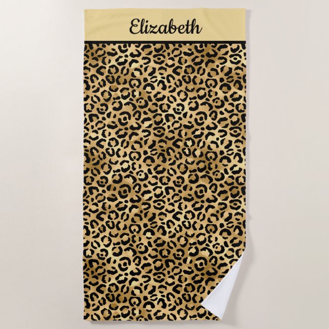 Toalha De Praia Leopardo Preto e Dourado com Monograma Impressão C (Frente)