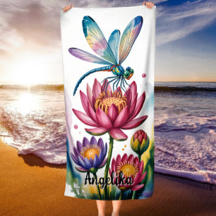 Toalha De Praia Libélula Mística & Flor de Lótus Vibrações de Verã