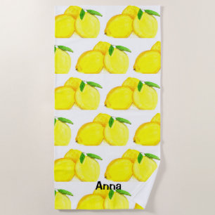 Toalha De Praia Limões Pintados Padrão de Fruta Amarelo Aquarela