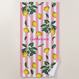 Toalha De Praia Limões Vintage Mediterrâneo Listras Rosa Nome