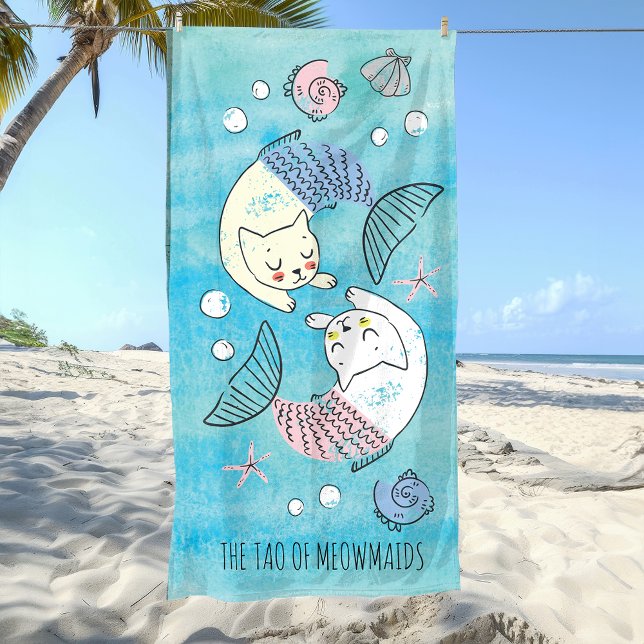 Toalha De Praia Linda Aquarela Verde Tao das Meowmaids (Find your path to serenity and the right balance of cuteness with this yin yang tao inspired towel.)