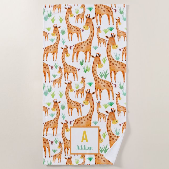 Toalha De Praia Linda Watercolor Giraffe Animal Personalizado (Frente)