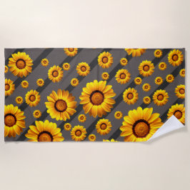 Toalha De Praia Lindas flores amarelas nas cinzas, faixas pretas