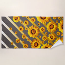 Toalha De Praia Lindas flores amarelas nas cinzas, listras de ouro
