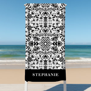 Toalha De Praia Lindo Bandana Escandinavo Floral Preto e Branco