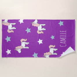 Toalha De Praia Lindo Unicórnio Mágico Rosa Roxo Meninas Roxo